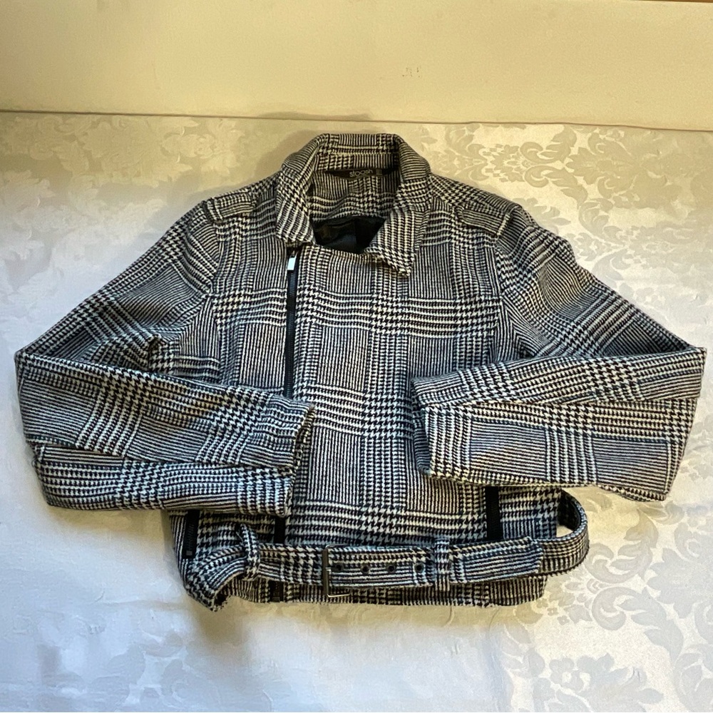 Stoosh Houndstooth Tweed Moto Jacket - Black & White Plaid - size large - Picture 3 of 8